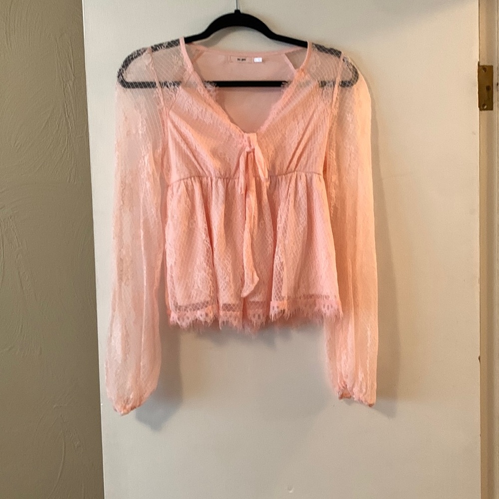 Light Pink Eyelash Lace Long Sleeve Blouse